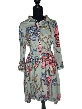 Sage Green Floral Button-Front Shirt Dress with Pink Accents